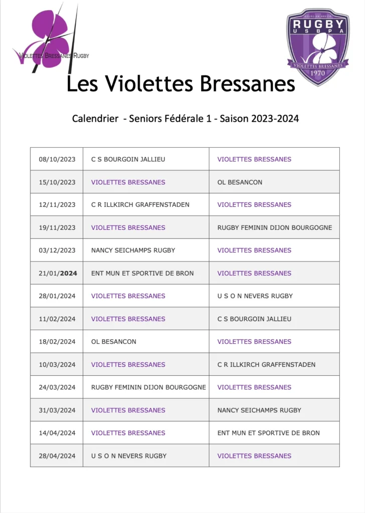 Calendrier Violettes Bressanes Séniors Fédérale 1