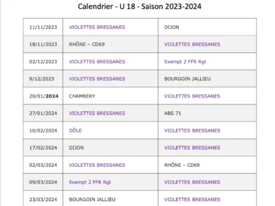 Calendriers saison 2024 Violettes Bressanes