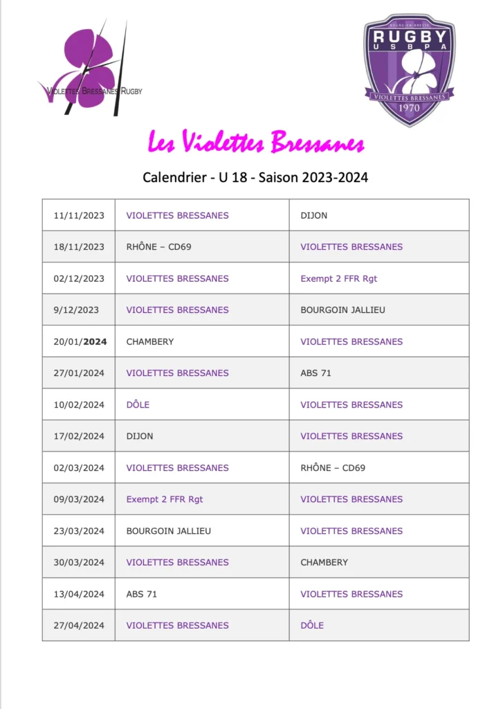 Calendrier Violettes Bressanes U18