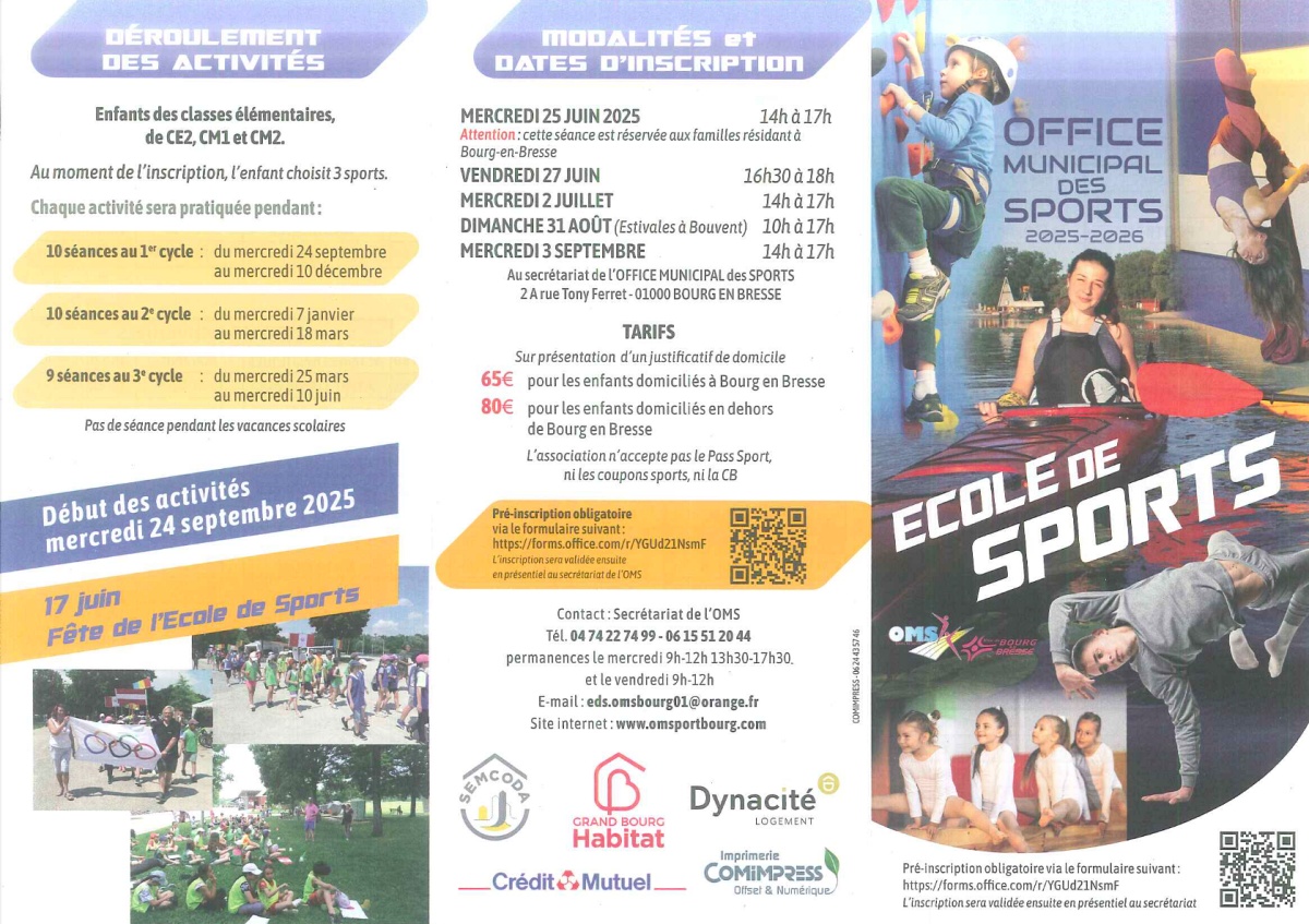 Modalités d'inscription à l'Ecole de Sport 2025